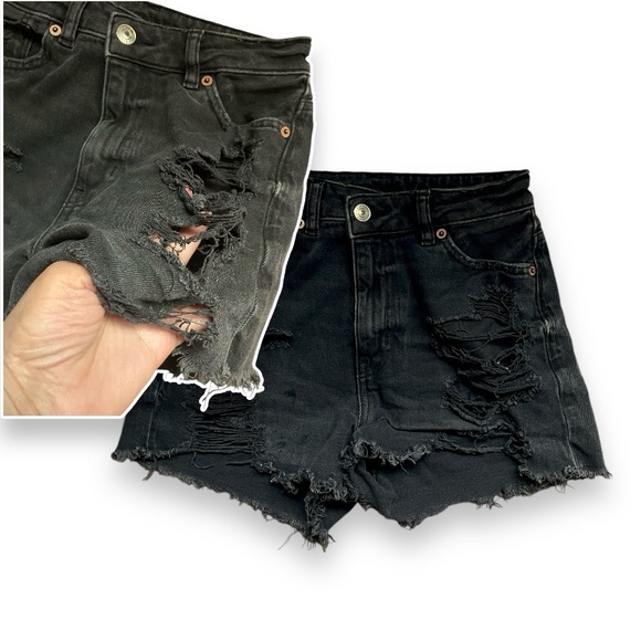 Ripped Black Jean shorts with distraction details. American Eagle size 00 - Picture 3 of 11